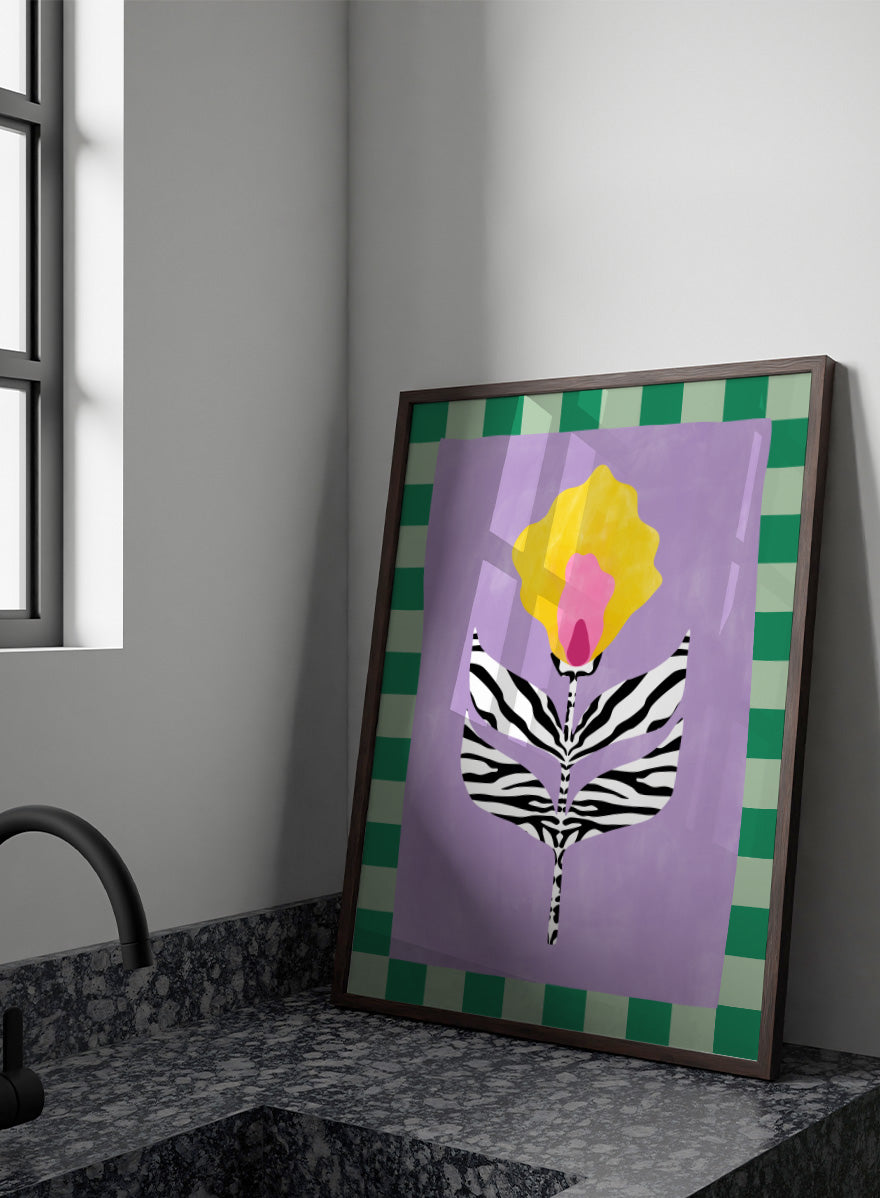 Shop Modern Zebra Flower by Elena Ristova, a colorful floral wall art print poster featuring zebra-striped leaves, a yellow-pink bloom, lavender, and green checks.