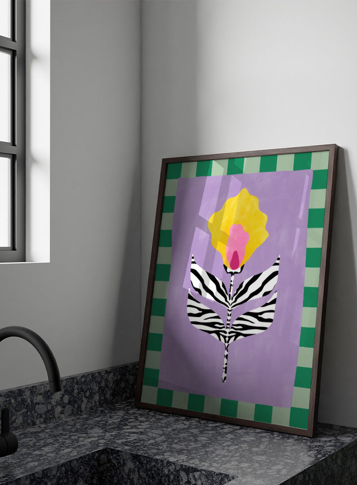 Shop Modern Zebra Flower by Elena Ristova, a colorful floral wall art print poster featuring zebra-striped leaves, a yellow-pink bloom, lavender, and green checks.