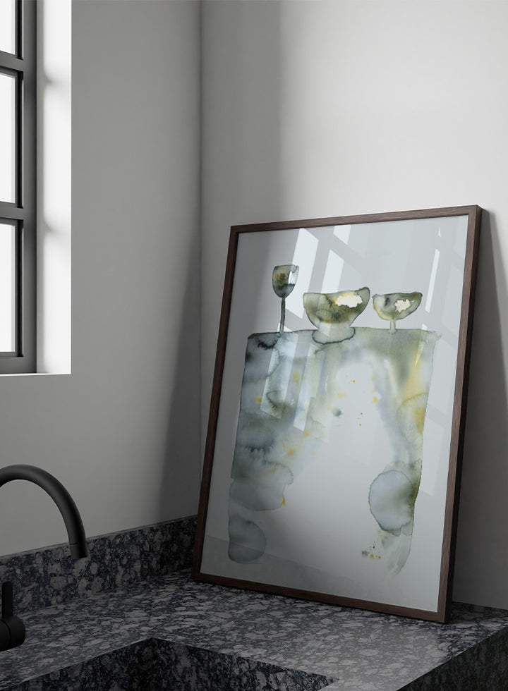 Shop Abstract Still Life Bowls by Helena Ryhle, a modern still life wall art print poster featuring watercolor bowls, glassware, and soft abstract forms.