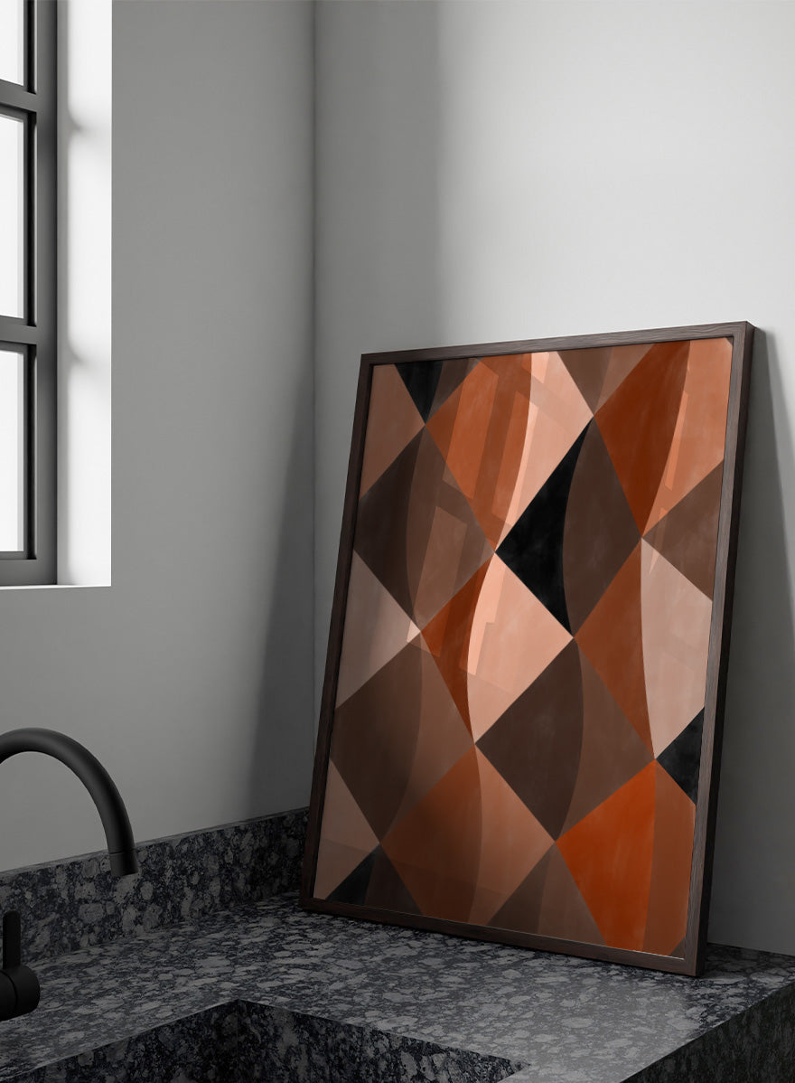 Shop Earthy Geometric Abstraction by Elena Ristova, a modern abstract wall art print poster featuring curved geometric shapes in rust, brown, pink, cream, and black.