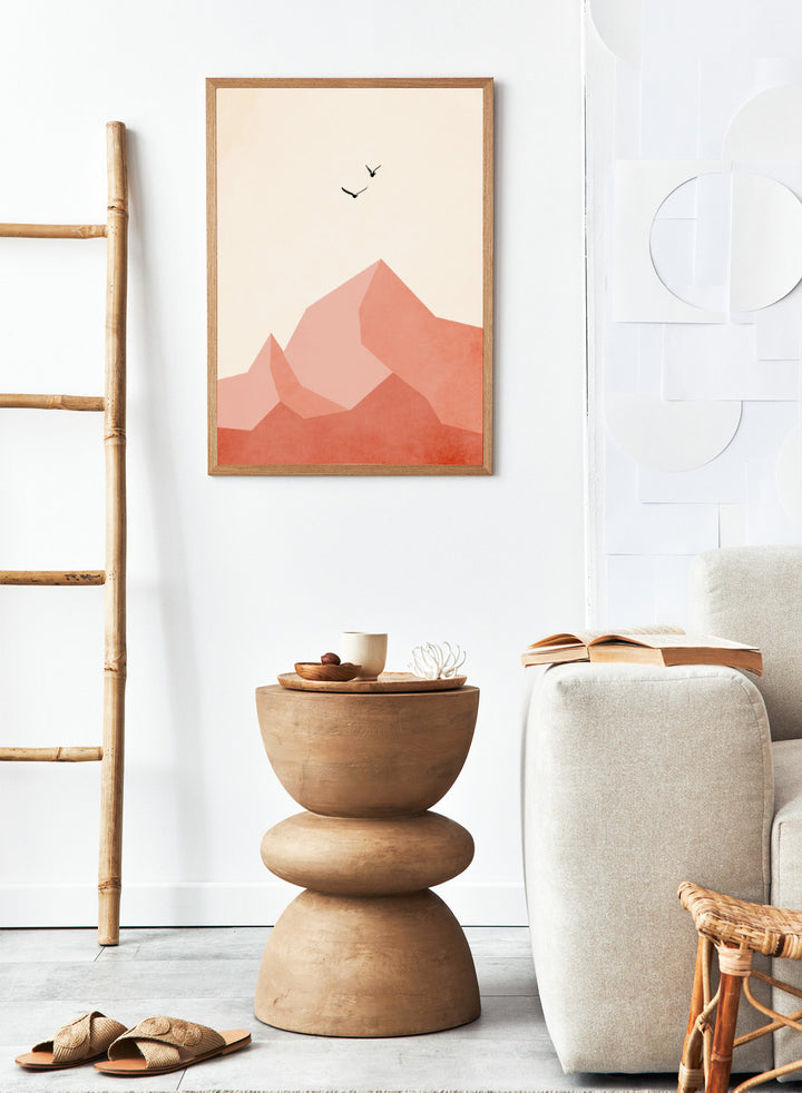 Abstract art print with geometric shapes and minimalistic birds on a beige background. Geometric mountain landscape art print with birds in flight by Kubistika. Warm terracotta illustration with minimalist design. Officially licensed wall poster.