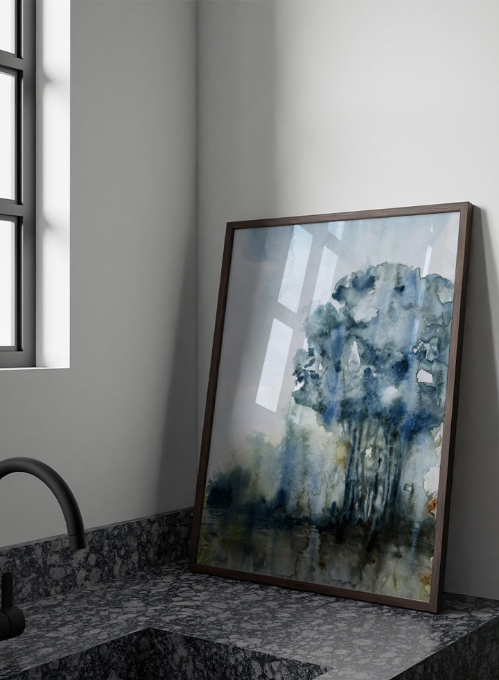 Shop Serene Forest Reflection by Helena Ryhle, a watercolor forest landscape wall art print poster with reflective water and a calm blue-toned mood.