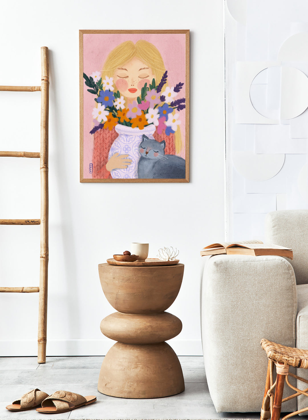 Illustration of a woman holding a vase of flowers and a cat on a pink background. Dreamy Girl Cat Flowers by Dirkie Nell is a colorful floral portrait art print featuring hand painted flowers, a sleepy cat, and soft contemporary illustration details.