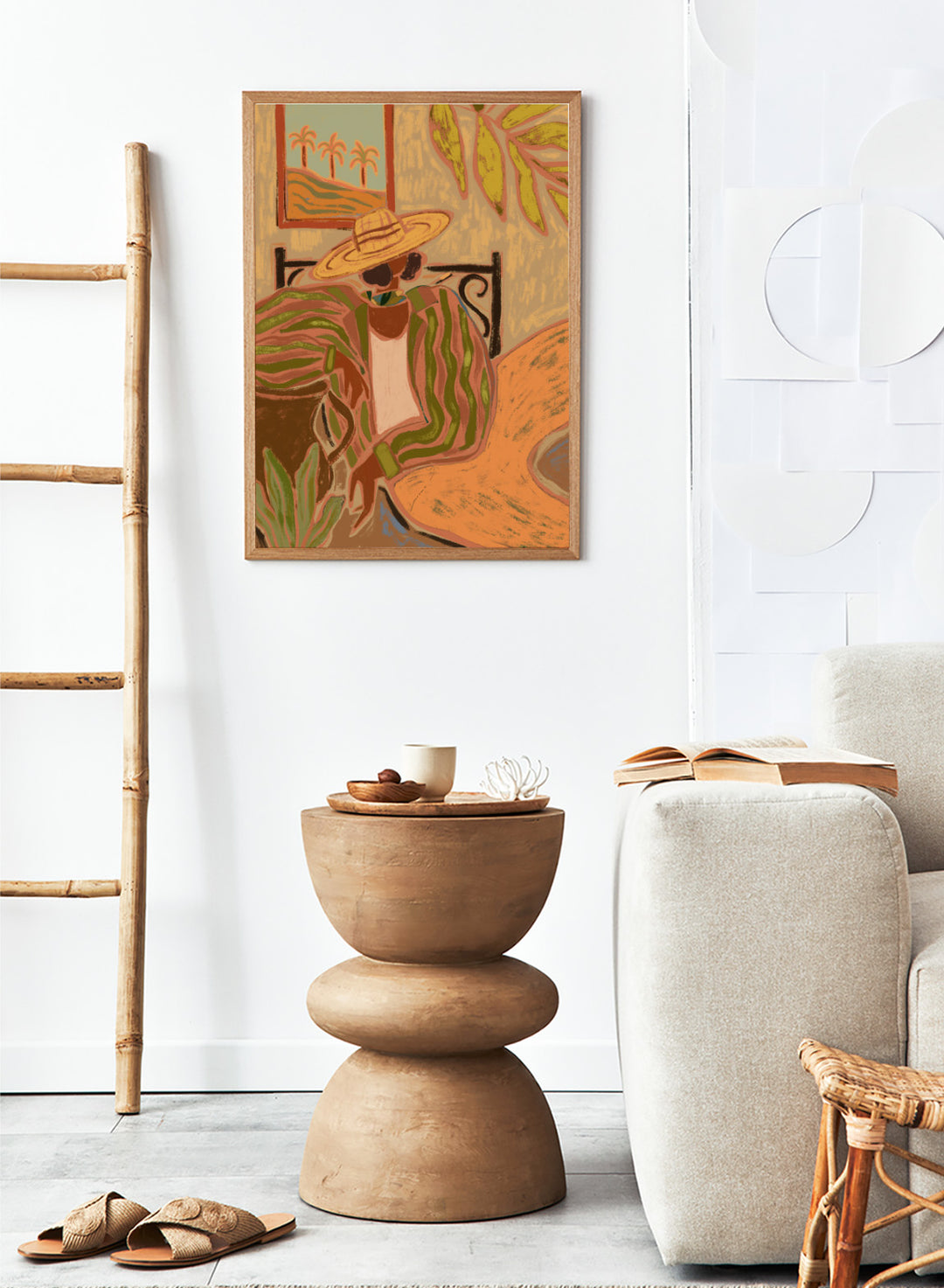 Artistic depiction of a person wearing a straw hat and patterned dress in a tropical setting. Lady in Stripe by Arty Guava art print featuring woman in straw hat and striped shirt with tropical palm landscape and warm contemporary illustration wall art poster.