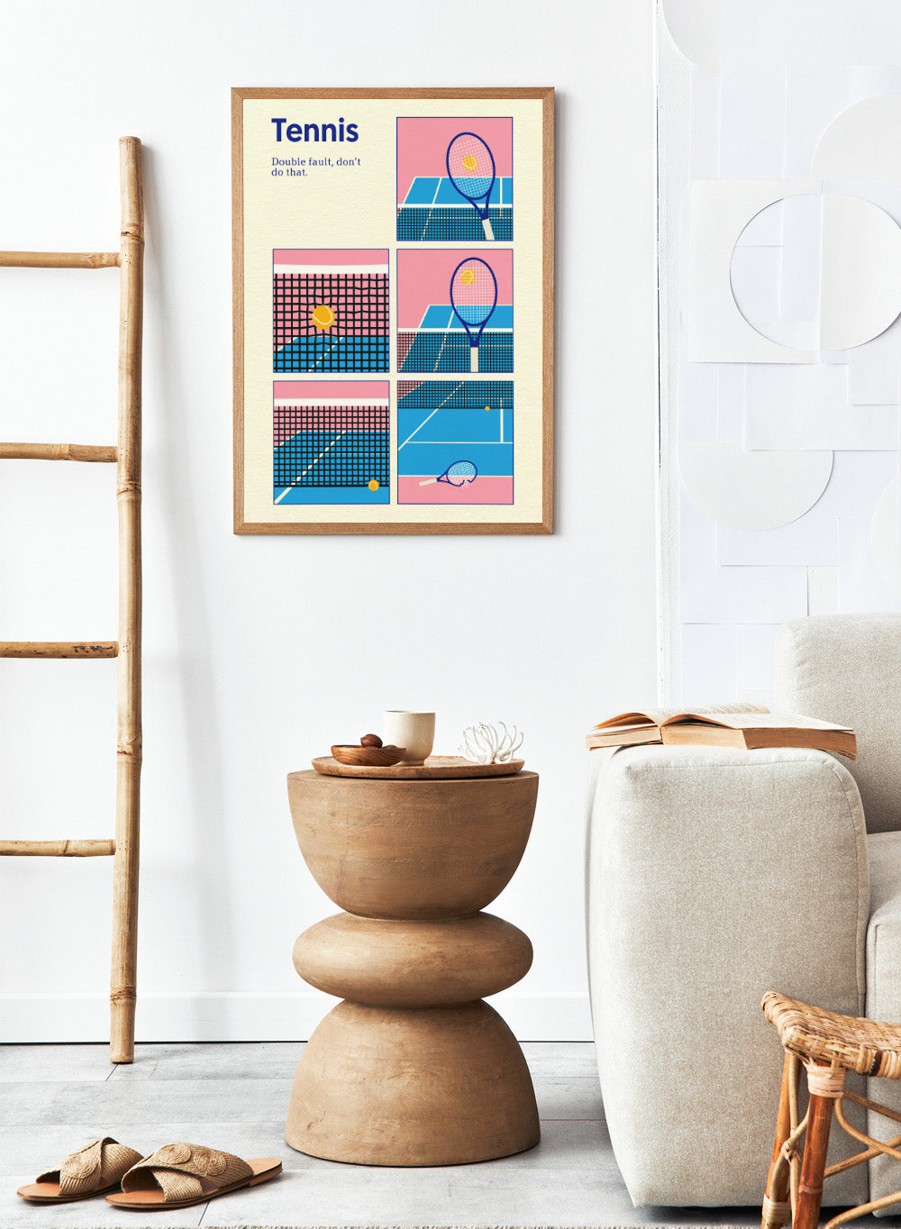 Illustrated poster of tennis with racquets and ball on a pink and blue background. Tennis Double Fault by Rosi Feist is a minimalist tennis poster with graphic court design, modern sports wall art, officially licensed fine art print.