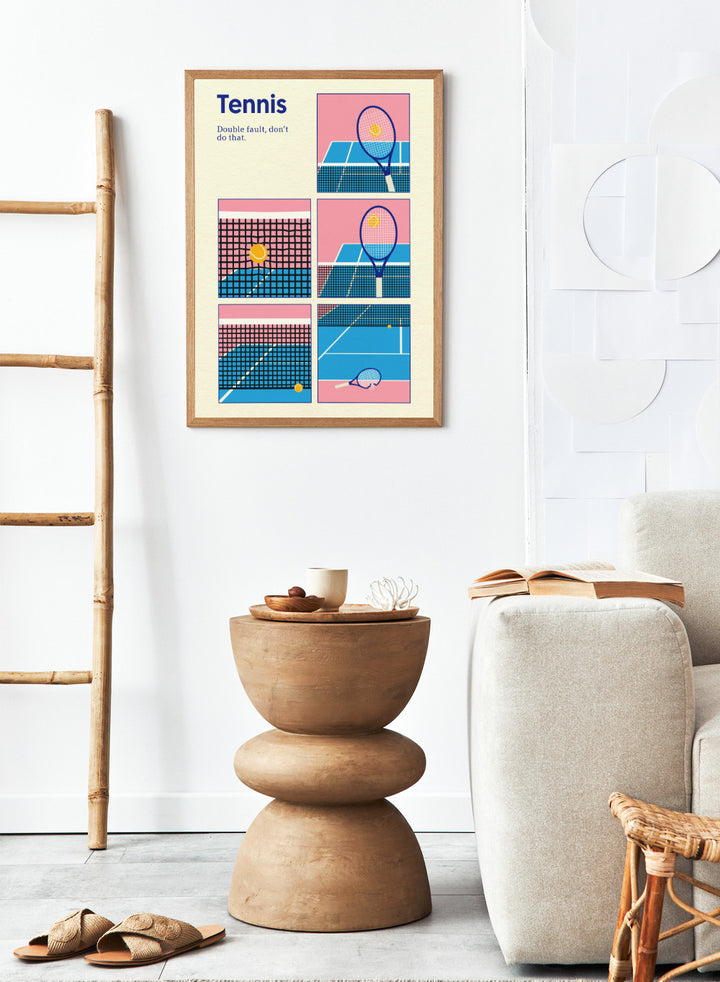 Illustrated poster of tennis with racquets and ball on a pink and blue background. Tennis Double Fault by Rosi Feist is a minimalist tennis poster with graphic court design, modern sports wall art, officially licensed fine art print.
