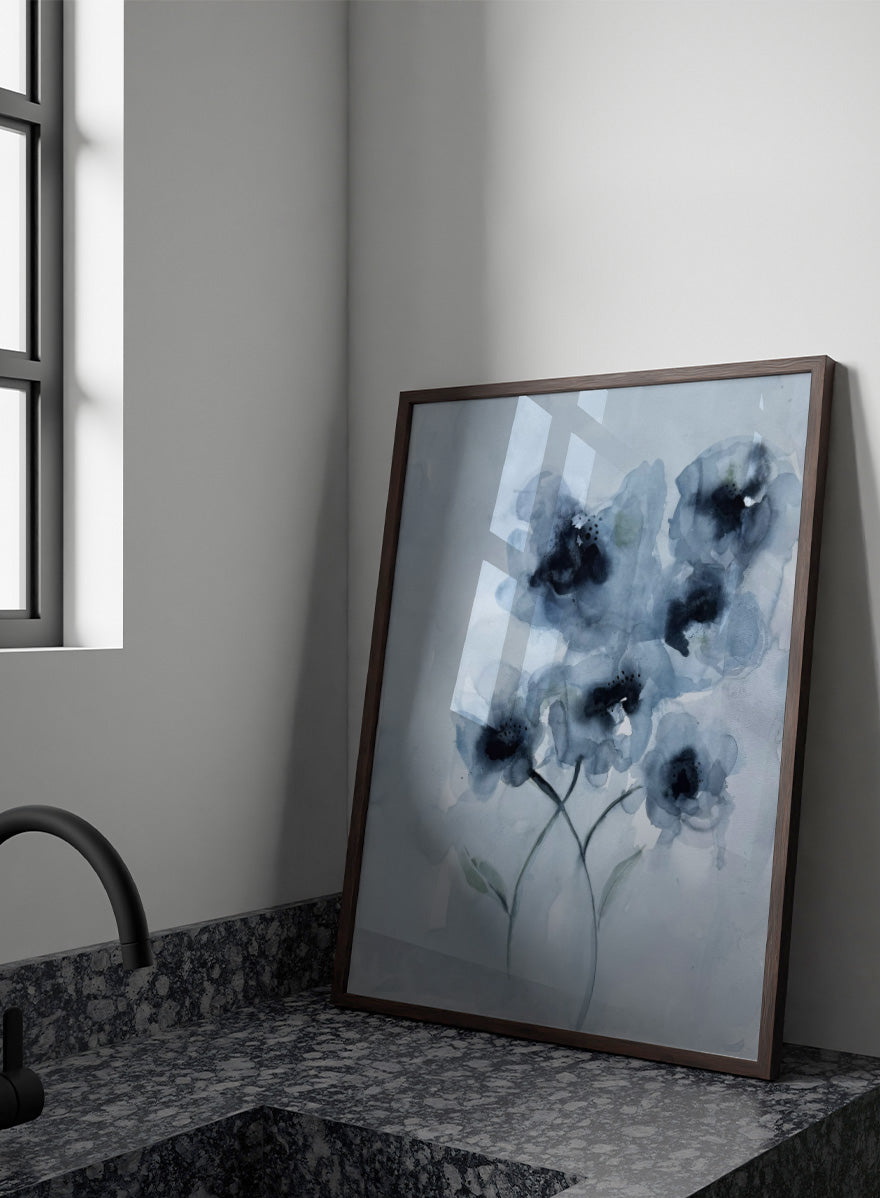Shop Soft Blue Blooms by Helena Ryhle, a botanical watercolor wall art print poster featuring expressive blue flowers and soft contemporary floral detail.