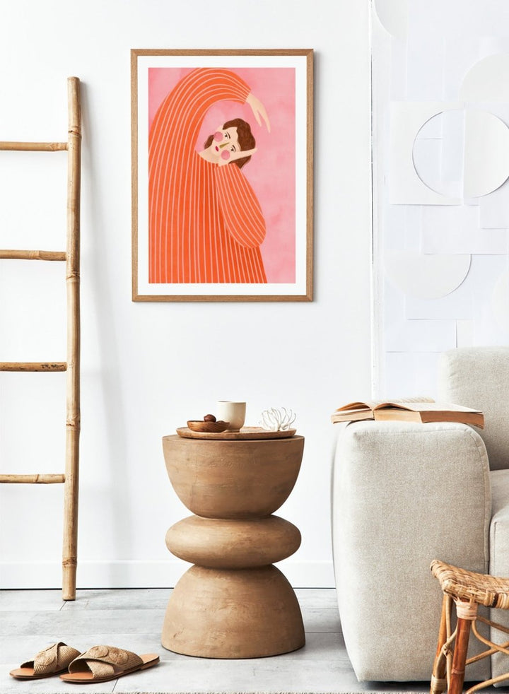 A framed art print featuring a stylized illustration of a woman in a flowing orange and white striped dress, posed in a graceful arch against a soft pink background. Thoughtful Girl in Stripes by Bea Müller premium framed fine art print featuring a woman in an oversized orange striped top against a soft pink background.