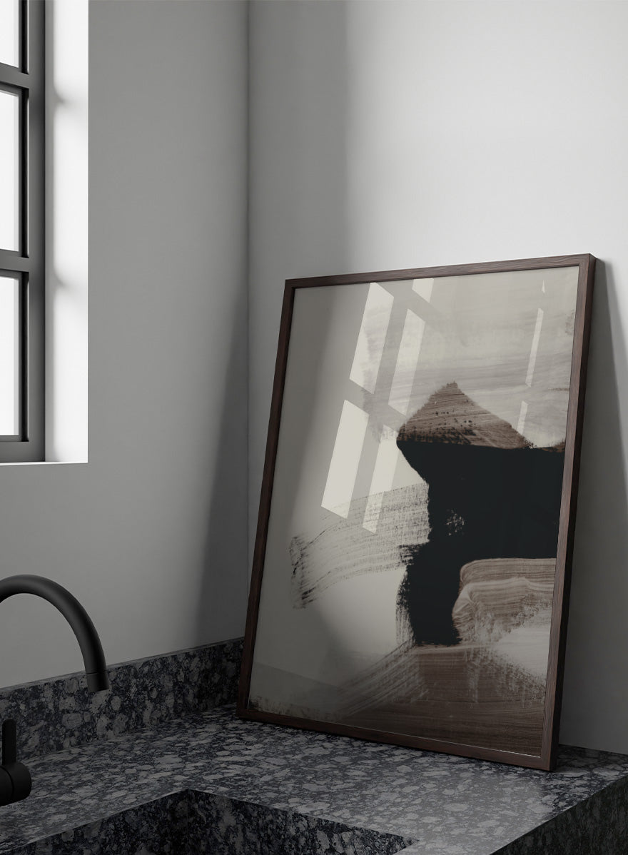 Shop Mellow No. 01 by Dan Hobday, a contemporary abstract art print featuring bold black forms, soft neutral brushwork, and layered earthy texture.