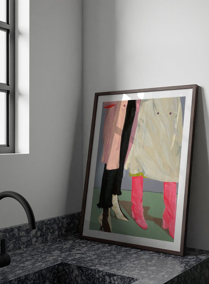 Shop Pink Boots Style by Sophia Novosel, a modern fashion wall art print poster featuring hot pink boots, cream heels, layered coats, and a cropped street-style scene.
