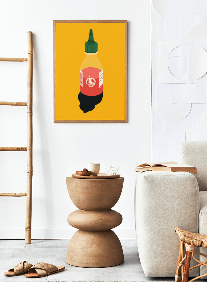 Chilli sauce bottle illustration on a yellow background. Chilli Sauce by Rosi Feist is a bold kitchen art print featuring a hot sauce bottle in modern graphic style. Contemporary food poster wall art.