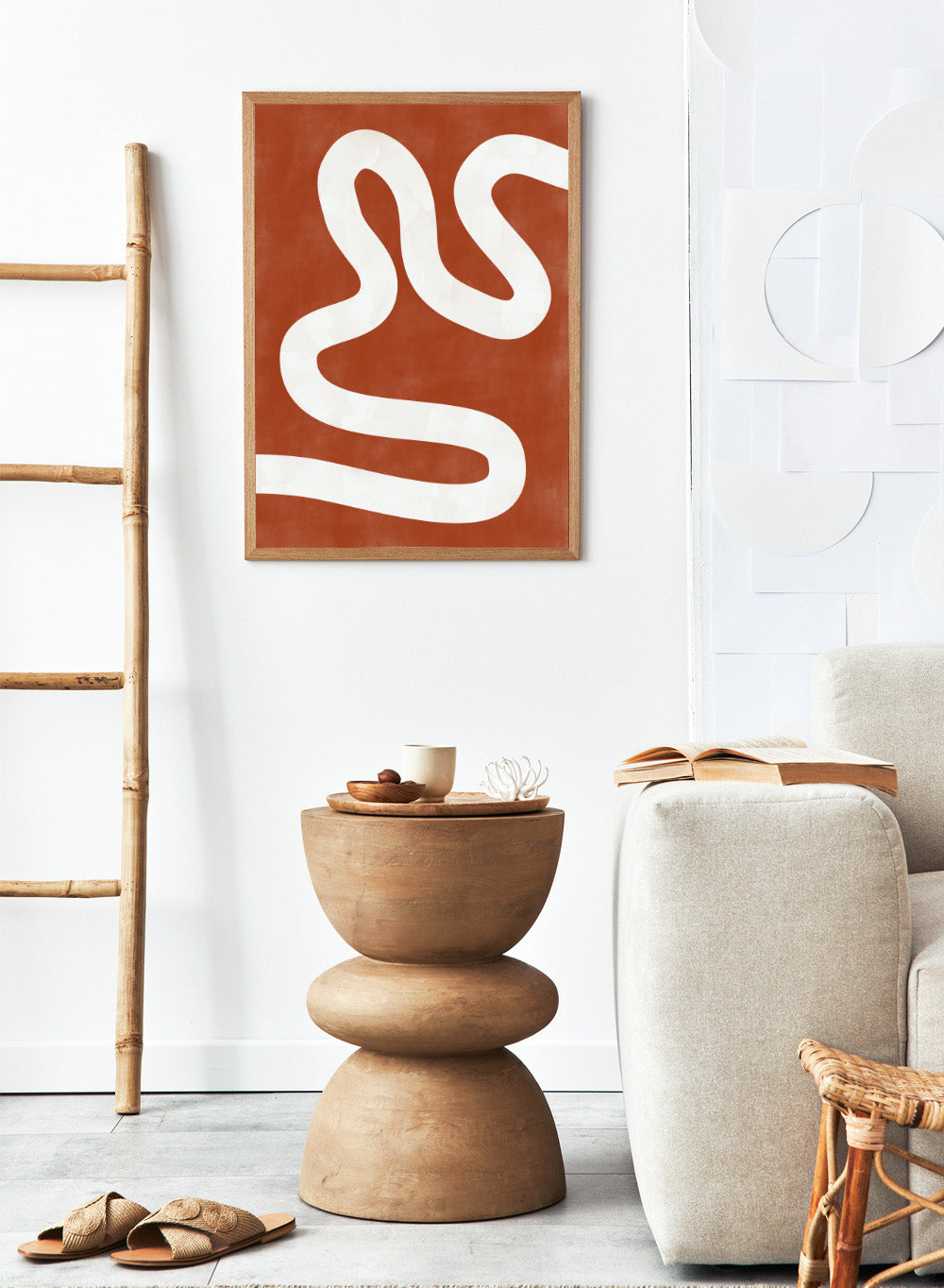 White wavy line on a red background. Crimson Pathways art print by Elena Ristova featuring a flowing white abstract line on a rust red background. Officially licensed modern abstract wall poster.