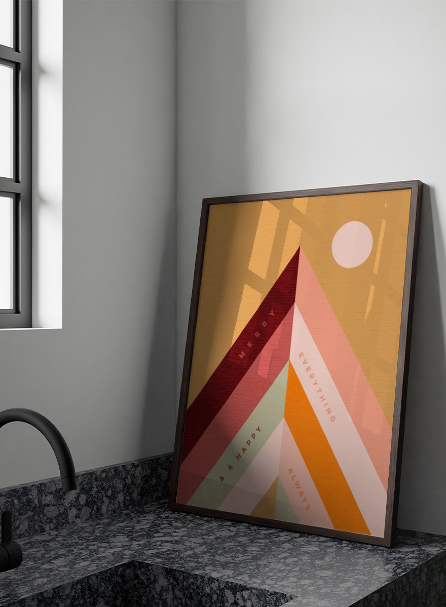Shop Merry Everything Mountains by Dominique Vari, a retro holiday wall art print poster featuring colorful geometric mountains, cheerful typography, and warm festive tones.