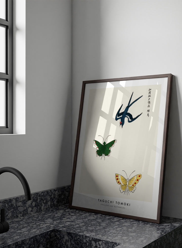 Swallow and Butterflies by Taguchi Tomoki from Yatsuo no Tsubaki is a vintage Japanese woodblock art print featuring a blue swallow and colorful butterflies on warm ivory.