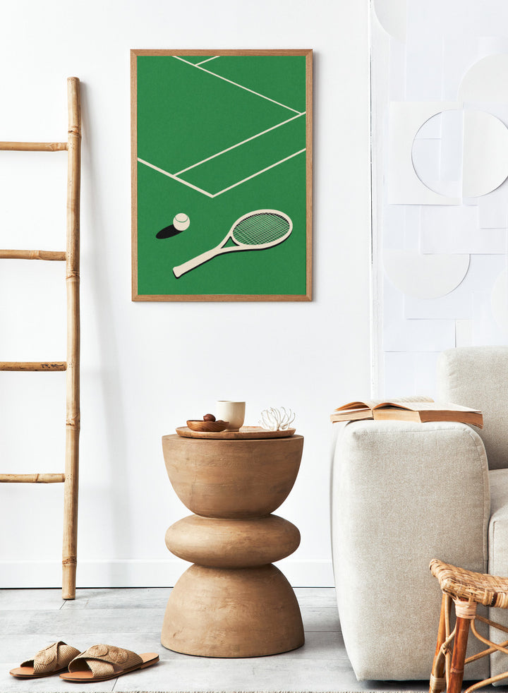 Tennis racket and ball on a green court with white lines. Lawn Tennis Club by Rosi Feist is a minimalist tennis court art print with modern Bauhaus design. Officially licensed fine art poster with framing.