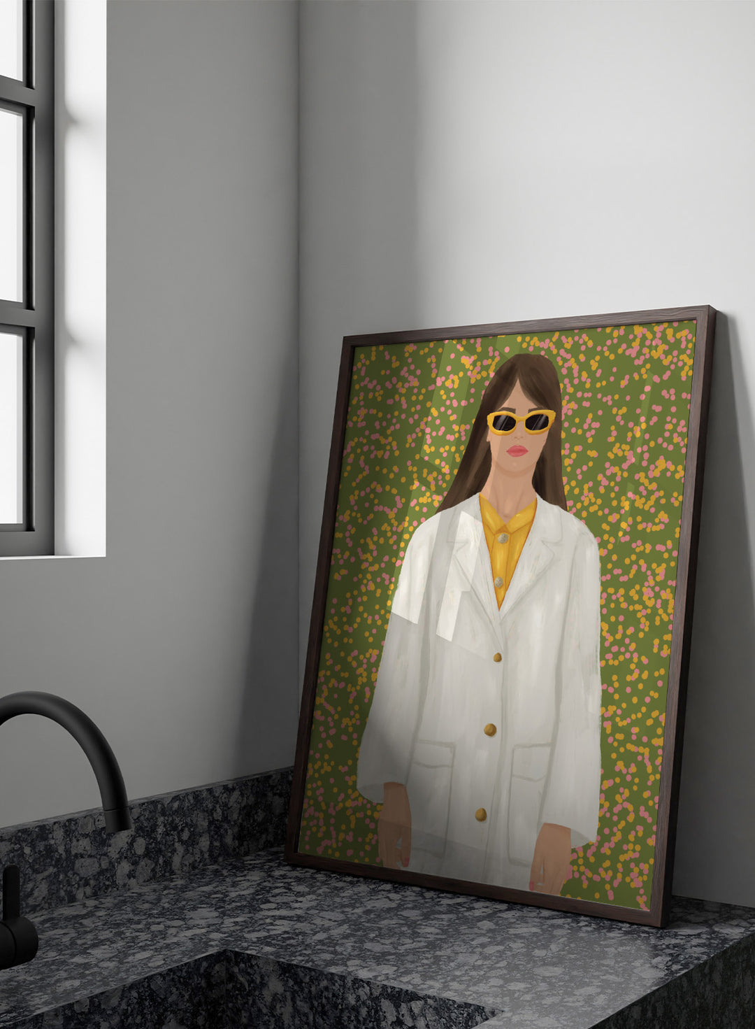 A stylized portrait of a woman wearing a white coat over a yellow top and yellow sunglasses, set against a green background filled with small pink and yellow dots. Chic Woman in Sunglasses by Lisa Solomoniuk premium framed fine art print featuring a woman in an oversized white coat and yellow sunglasses.