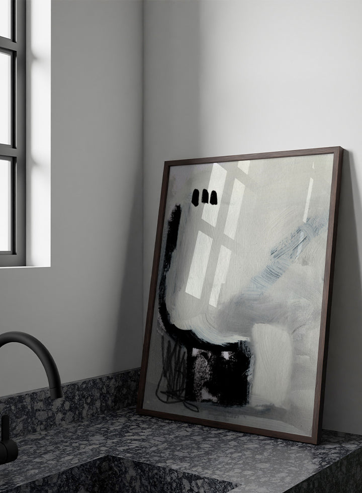 Shop Beyond No.02 by Dan Hobday, a minimalist abstract wall art print poster featuring expressive black forms and soft gray brushwork on a white ground.
