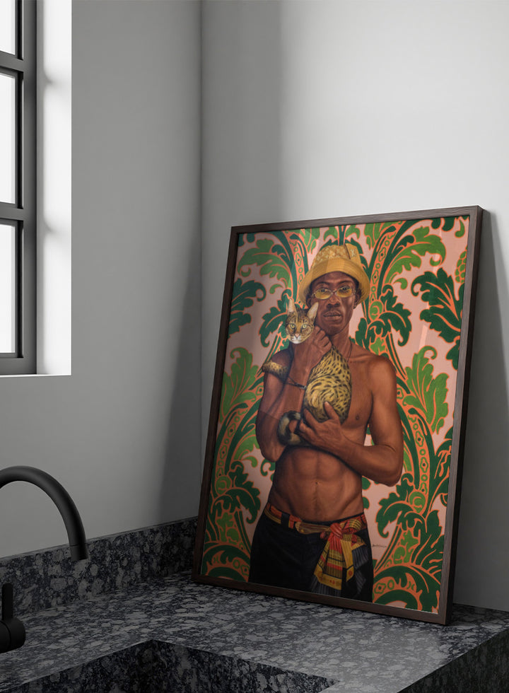 Shop Confident Man With Cat by Damilare Jamiu, a contemporary portrait art print featuring a stylish man, spotted cat, patterned details, and green and coral tones.