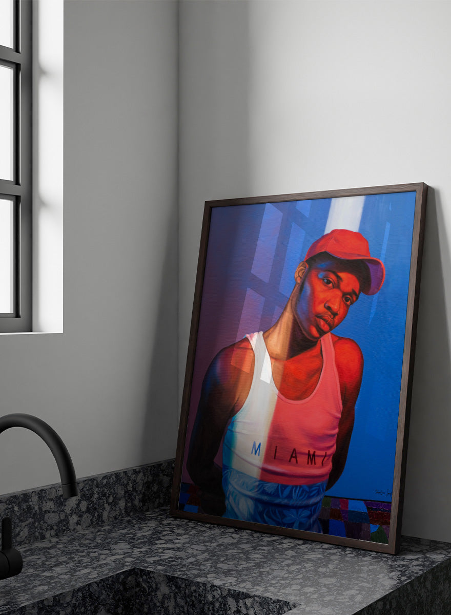 A stylized portrait painting of a man wearing a red cap, a white tank top with &