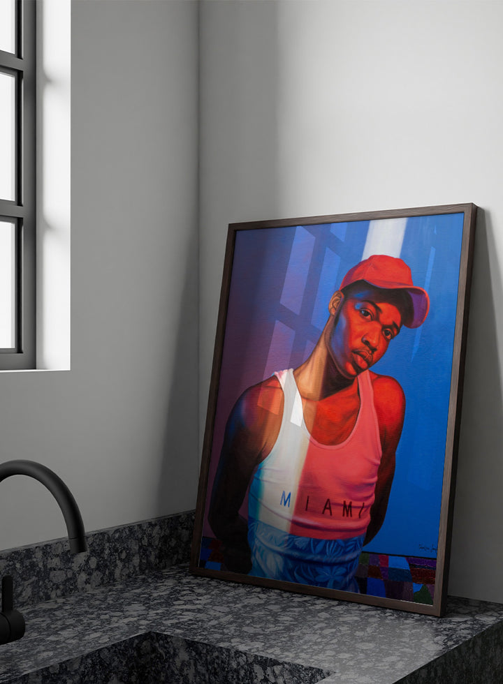 A stylized portrait painting of a man wearing a red cap, a white tank top with &