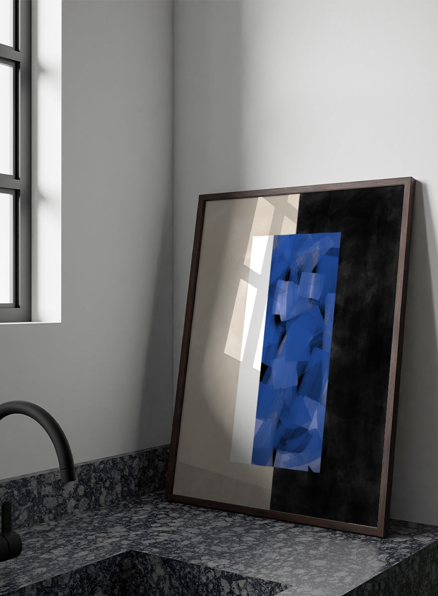 Shop Geometric Blue Layers by Elena Ristova, a modern abstract wall art print poster featuring layered cobalt brushwork, cream blocks, and bold black contrast.