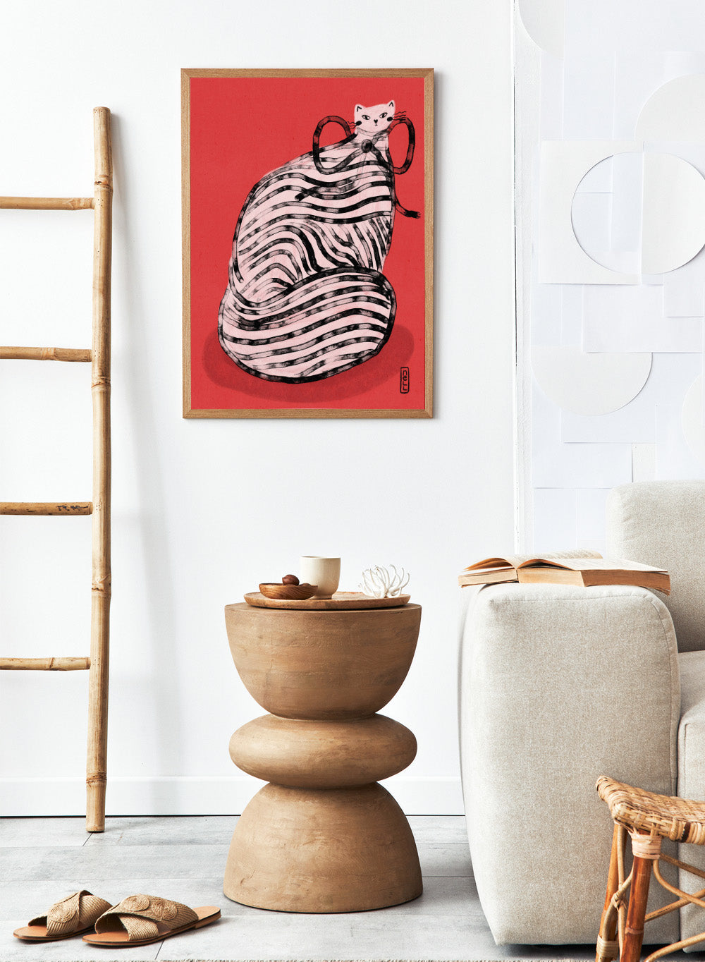 Illustration of a cat inside a ball of yarn on a red background. Black and White Striped Cat by Dirkie Nell is a playful cat art print featuring bold stripes and a red background. A colorful modern animal wall poster.