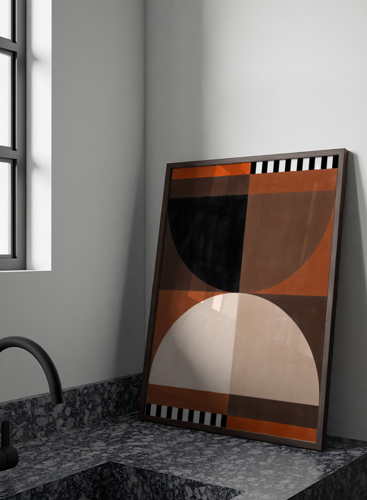 Shop Geometric Earth Tones 02 by Elena Ristova, a modern abstract wall art print poster featuring bold circles, striped accents, and warm rust tones.