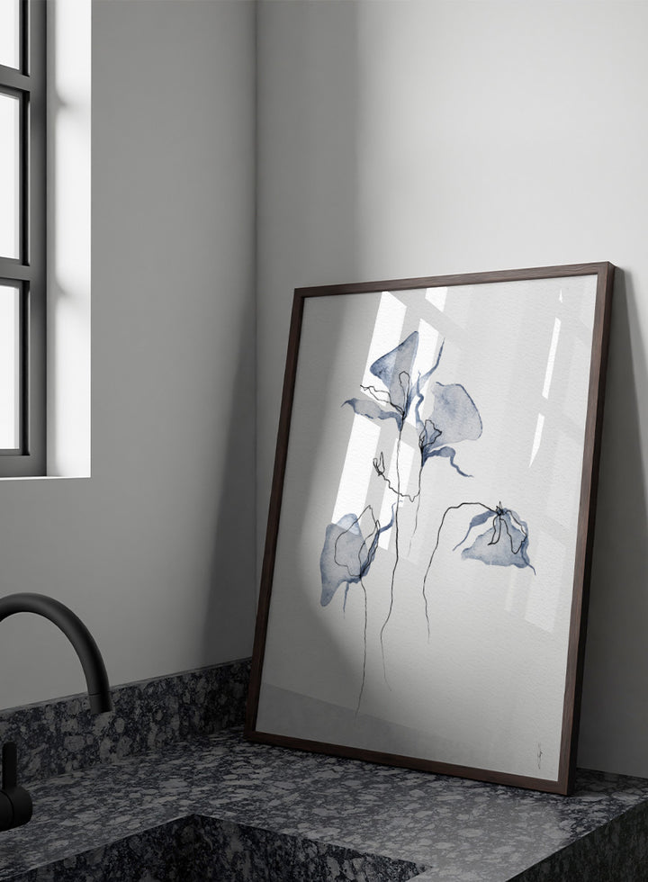 Abstract watercolor painting of three blue-gray calla lilies with fine black line details on a white textured background. Shop Ethereal Blue Flowers by Ankie Kooi, a floral wall art print poster with abstract watercolor flowers, botanical line art, blue, cream, and black.