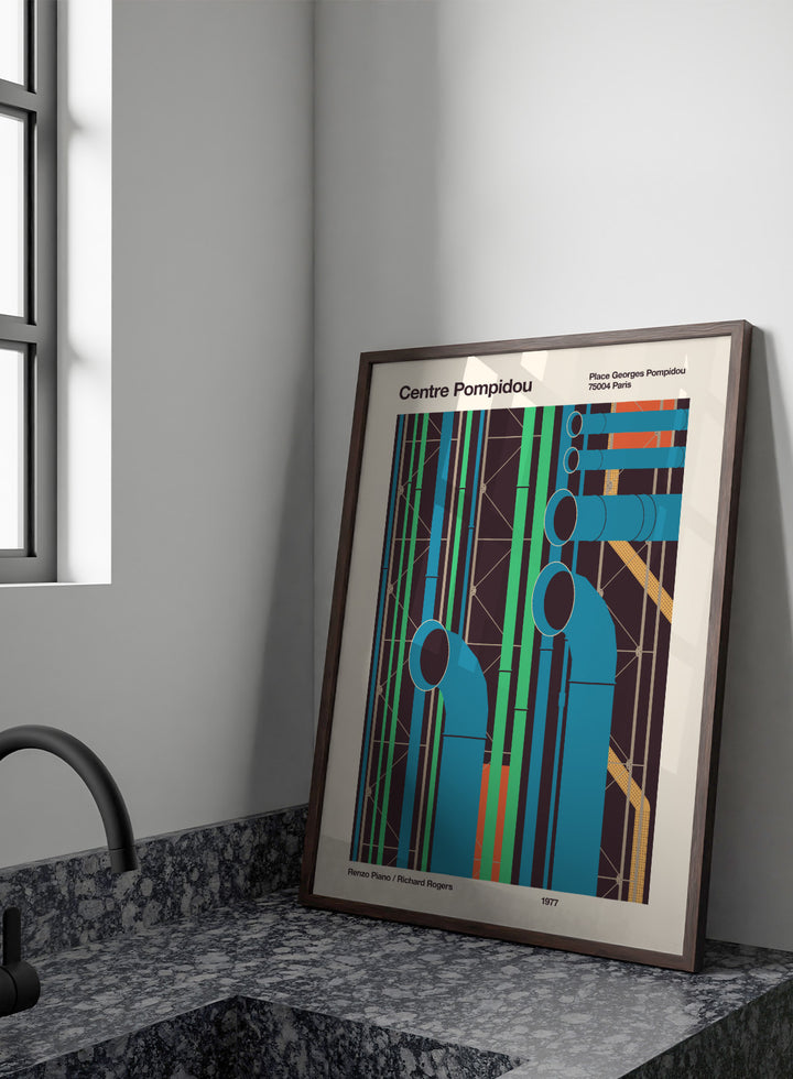 Poster of Centre Pompidou with abstract design and text. Colorful Architectural Pipes by Florent Bodart is a modern architectural art print inspired by Centre Pompidou pipes, a bold geometric wall poster with vibrant color.