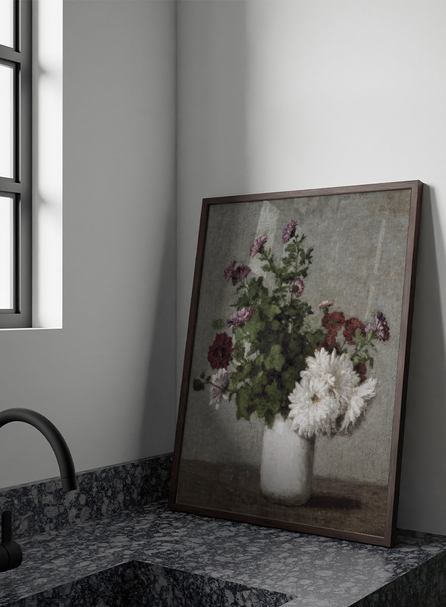 Shop Autumn Chrysanthemums in a White Vase by Henri Fantin-Latour, a vintage floral wall art print poster featuring chrysanthemums in muted green tones.