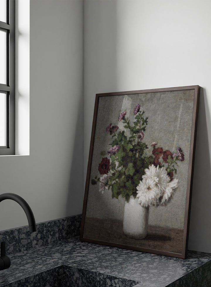 Shop Autumn Chrysanthemums in a White Vase by Henri Fantin-Latour, a vintage floral wall art print poster featuring chrysanthemums in muted green tones.