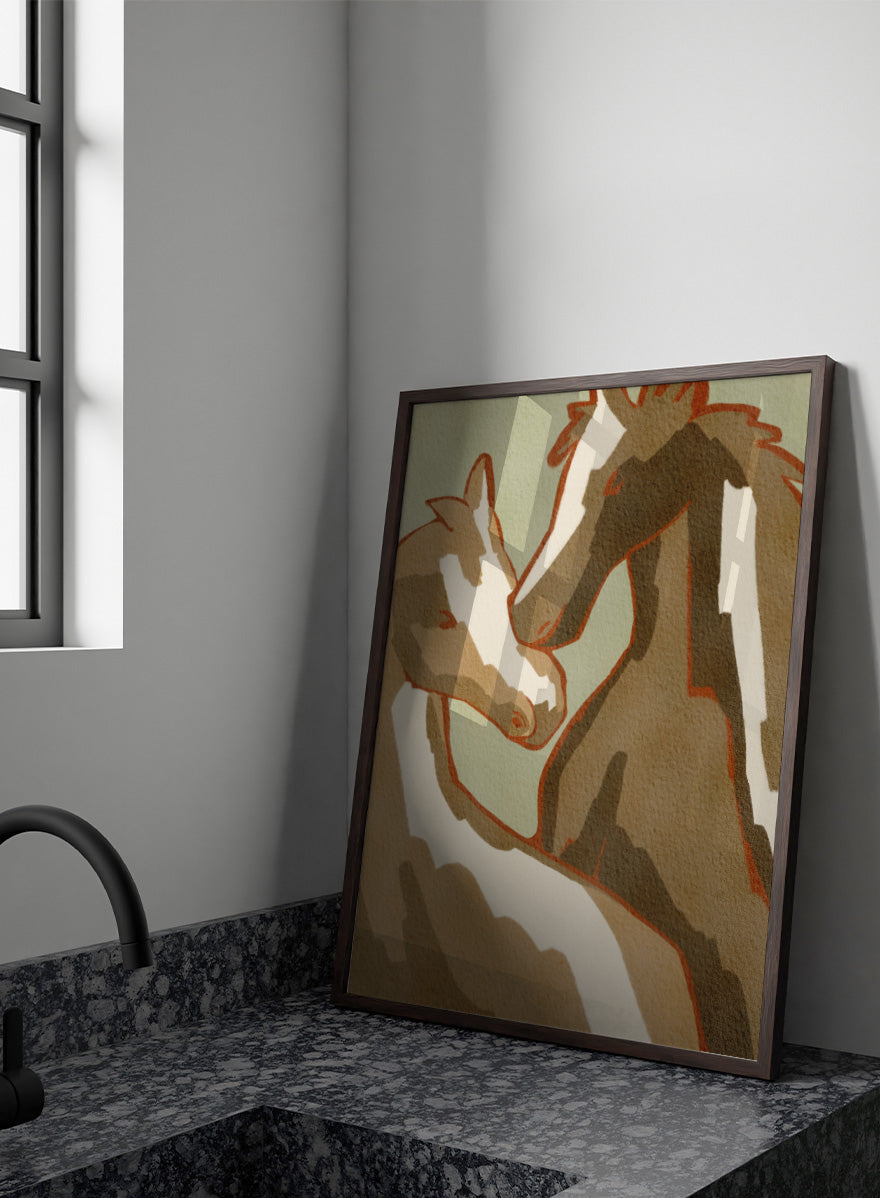 Shop Horse Love by Nikita Jariwala, a modern horse wall art print featuring two horses in a close affectionate pose, with warm beige, cream, and rust tones.
