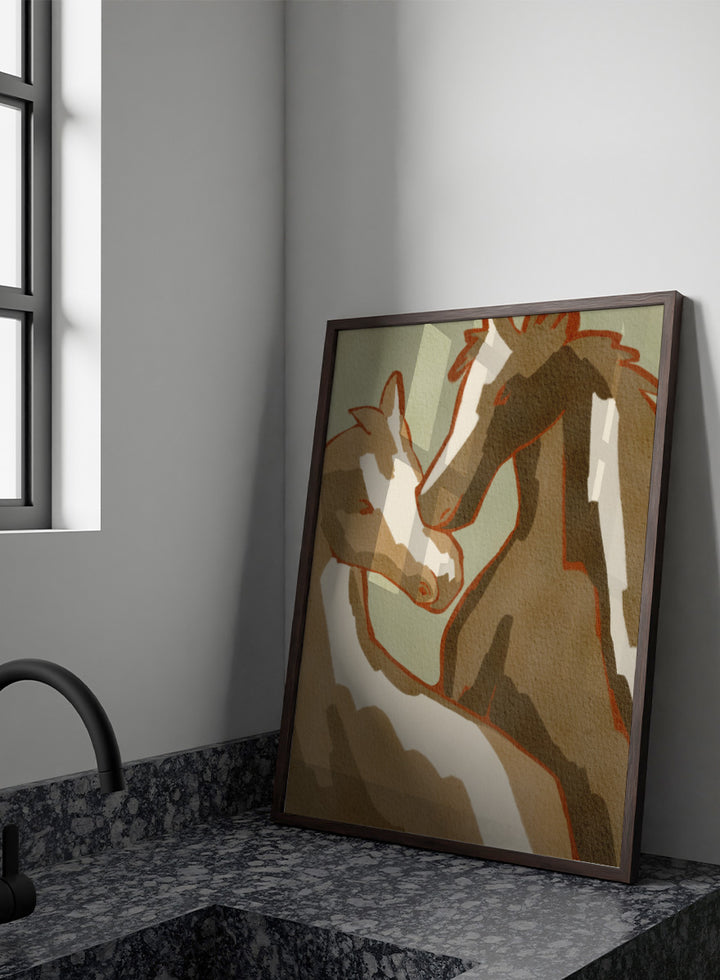 Shop Horse Love by Nikita Jariwala, a modern horse wall art print featuring two horses in a close affectionate pose, with warm beige, cream, and rust tones.