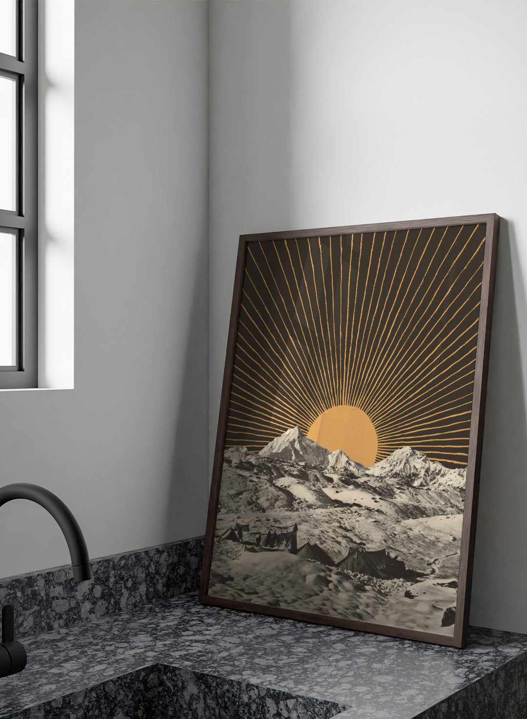 Mountain landscape with a sunburst design in the sky. Mountain Base Camp Sunrise by Florent Bodart is a modern landscape art print with mountains and sunrise rays, a vintage-inspired wall poster with bold graphic contrast.