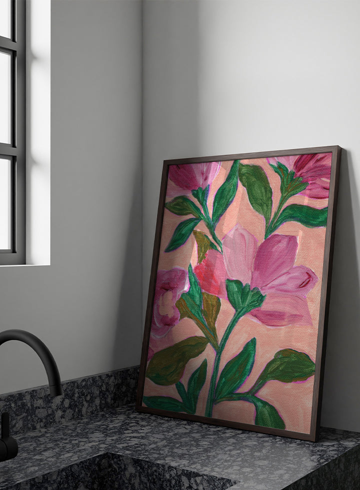Shop Vibrant Pink Blooms No.2 by Nikita Jariwala, a floral wall art print poster featuring oversized pink flowers and lush modern botanical artwork.