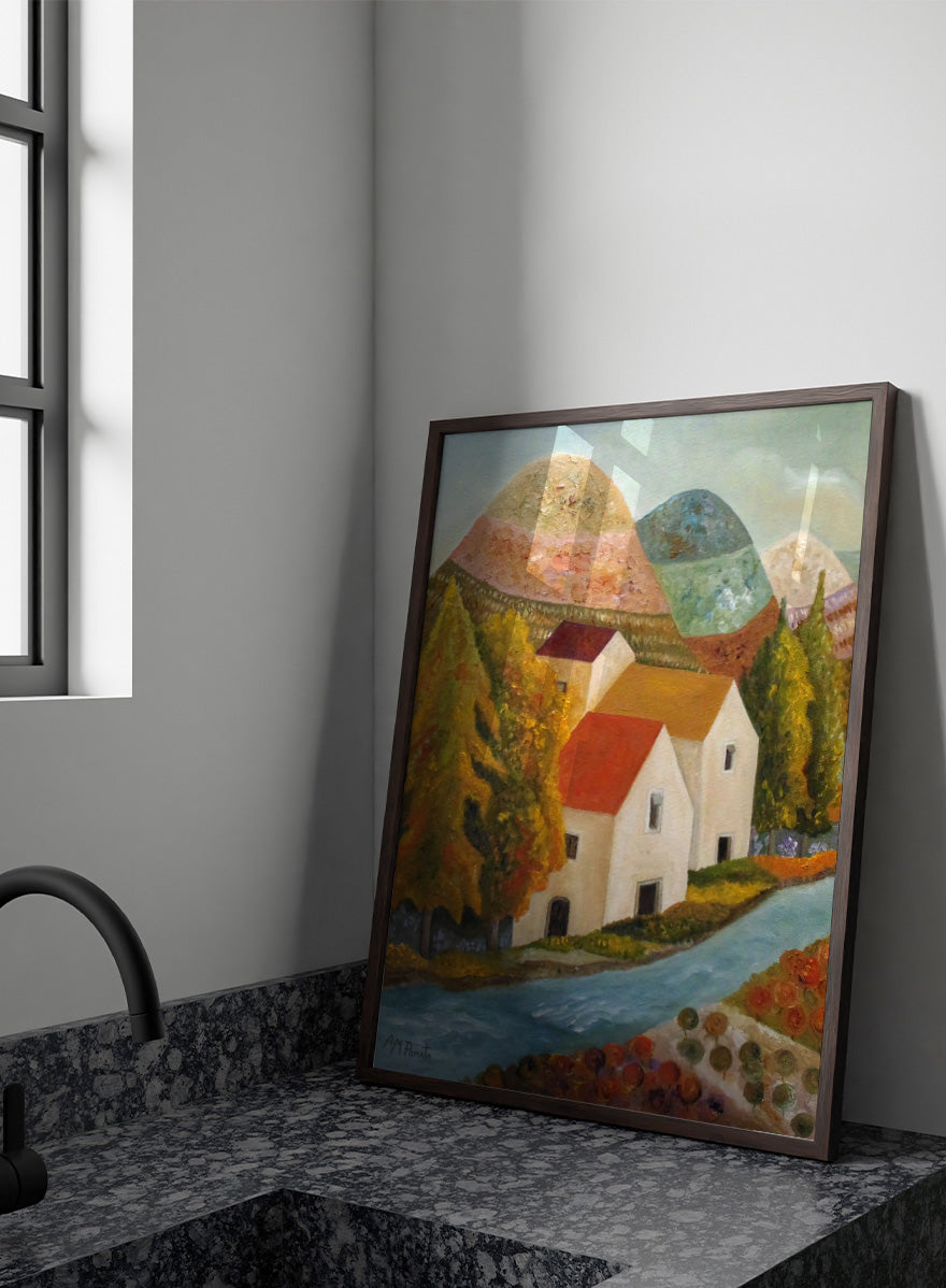 Shop Autumn Village River by Angeles M. Pomata, an autumn landscape art print featuring a blue river, white village houses, colorful trees, and rolling hills.