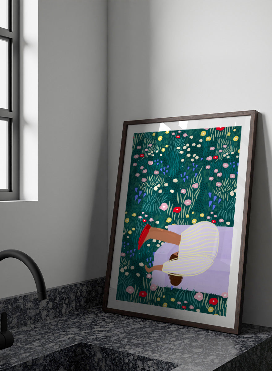 Shop Lush Garden Dreams by Bea Müller, a figurative floral wall art print poster featuring a woman reclining among colorful flowers and lush green garden foliage.