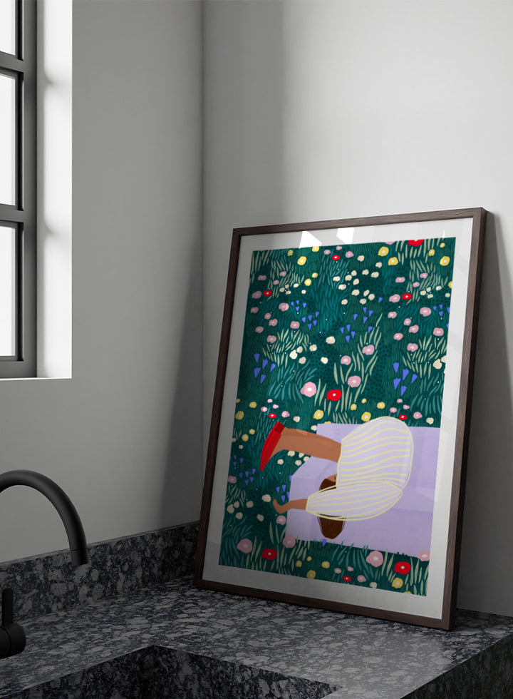 Shop Lush Garden Dreams by Bea Müller, a figurative floral wall art print poster featuring a woman reclining among colorful flowers and lush green garden foliage.