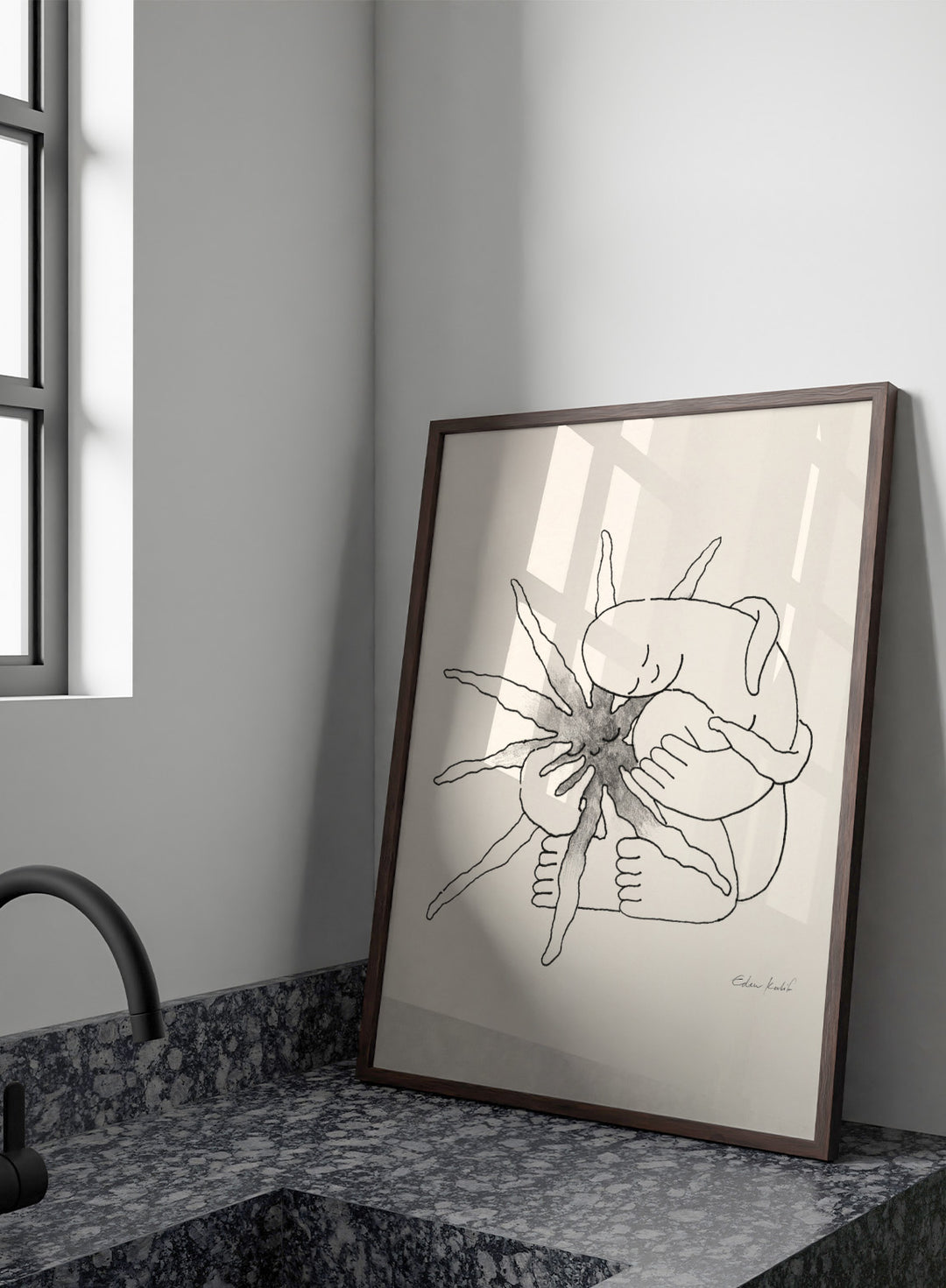 Black and white line art of a person embracing a sun figure on a beige background. Sunshine Love by Eden Kalif is a modern line art print featuring a figure holding a sun in a minimalist contemporary wall poster design.