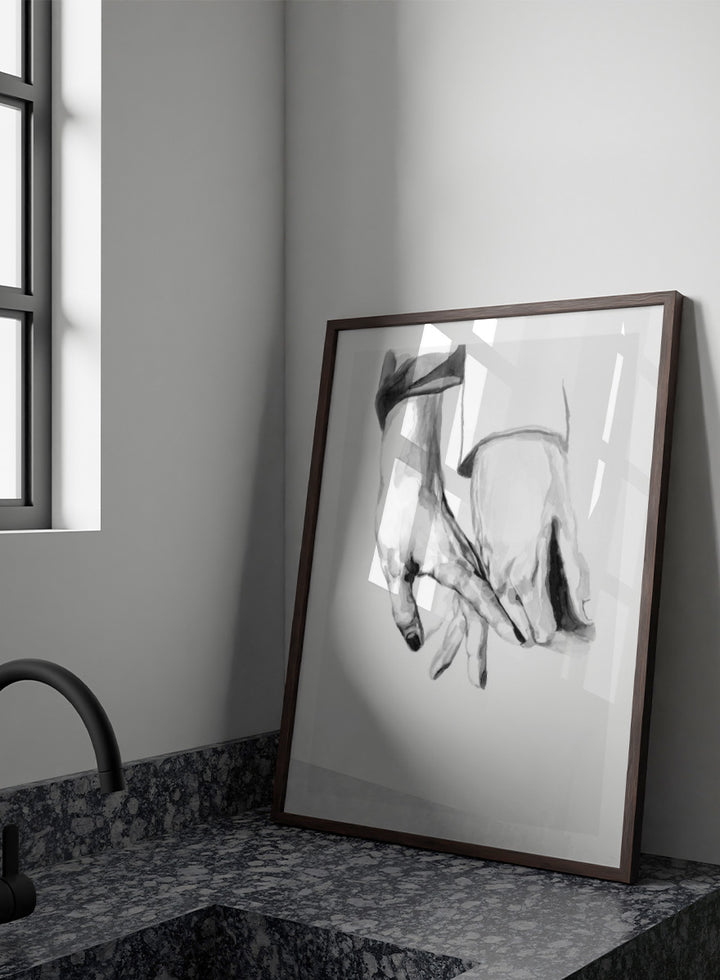Shop Gentle Hands Connected by Sophia Novosel, a minimalist black and white wall art print poster featuring two hands touching in a soft, intimate gesture.