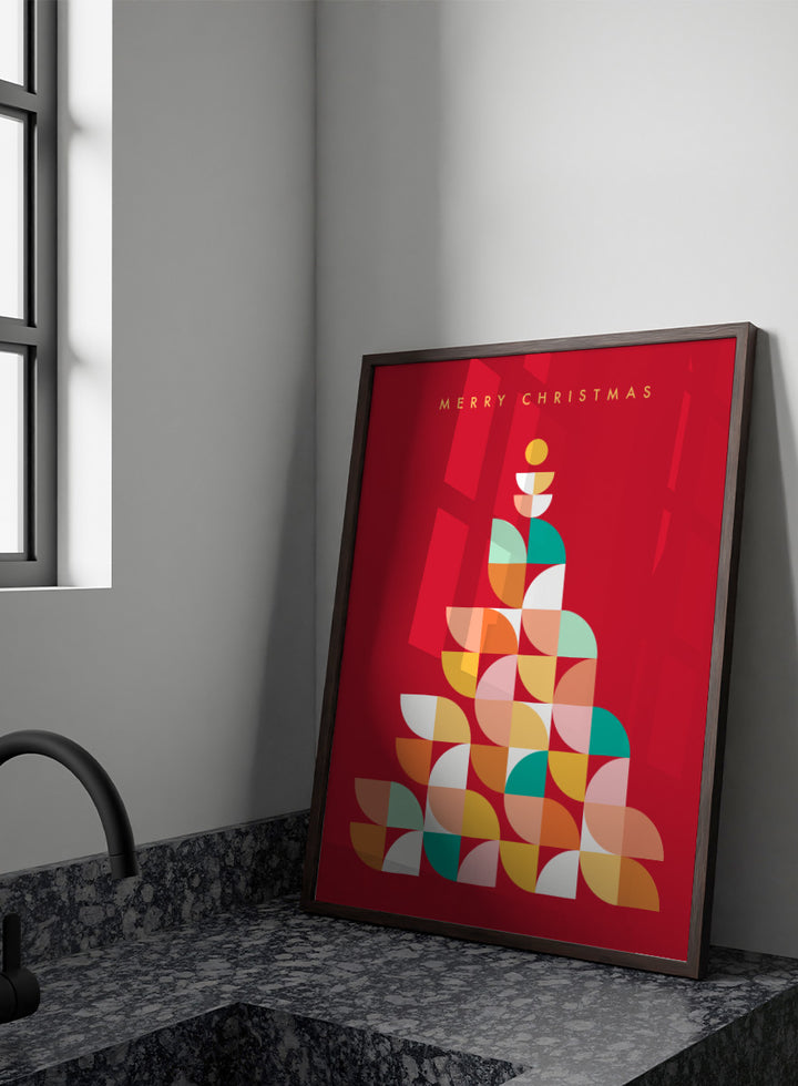 Shop Geometric Christmas Tree by Dominique Vari, a colorful Christmas wall art print poster featuring a retro geometric tree in red, pink, orange, teal, and yellow.