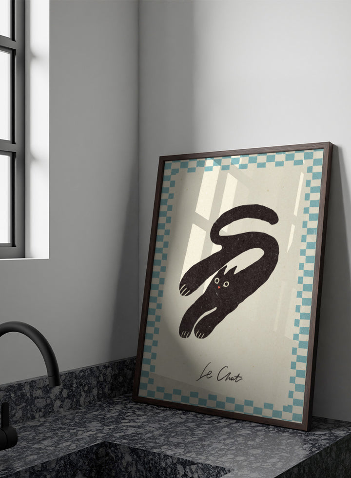 Shop Le Chat No.03 by NKTN, a playful black cat wall art print poster featuring a stretched cat, checkerboard border, and quirky vintage-inspired graphic style.