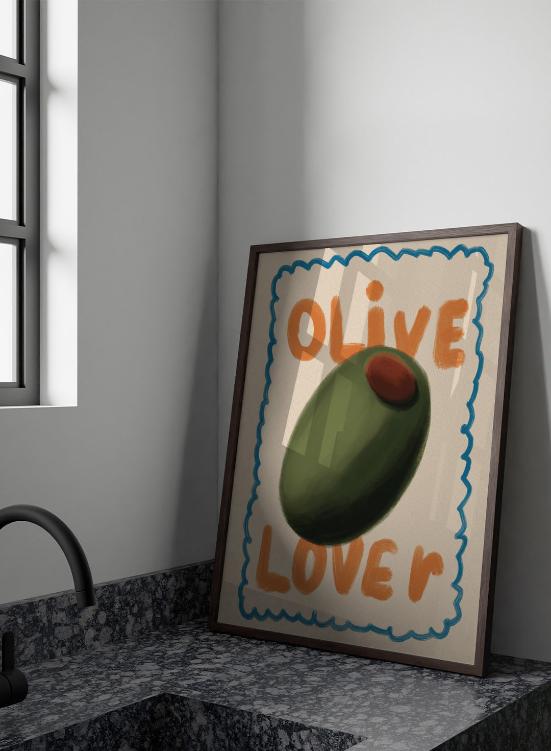 An art print featuring a stylized illustration of an olive with the words &
