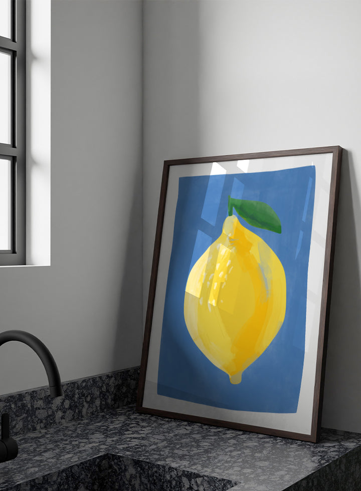 Shop Bright Yellow Lemon by Elena Ristova, a colorful lemon wall art print poster featuring an oversized yellow fruit, green leaf, and vivid blue background.