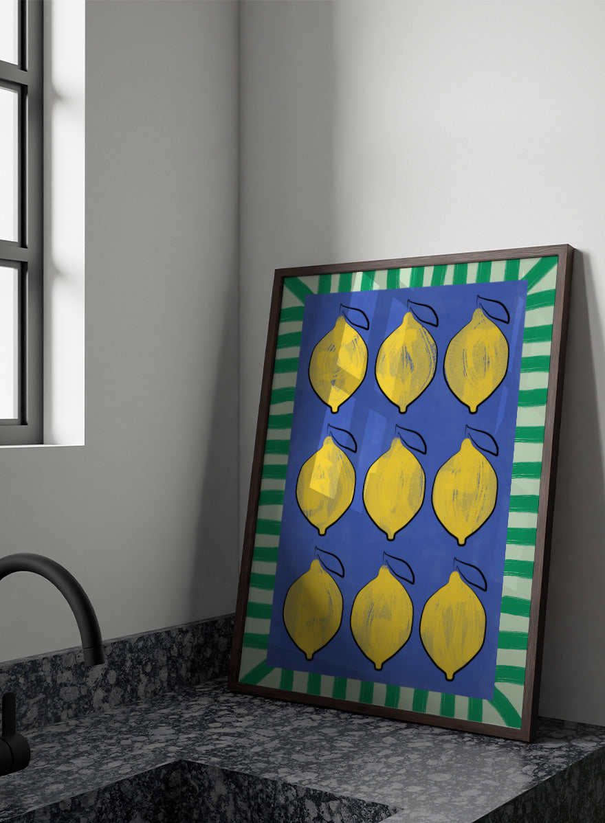 Shop Vibrant Lemons Blue Grid by Elena Ristova, a colorful lemon wall art print poster in yellow, blue, and green with a bold graphic grid design.