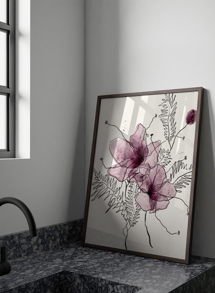 Abstract floral art print featuring two translucent mauve-purple watercolor flower shapes with black line-drawn stems and fern-like leaves on a textured off-white background. Shop Delicate Botanical Outline by Ankie Kooi, a floral wall art print poster with purple watercolor flowers, botanical line art, fern leaves, and cream tones.