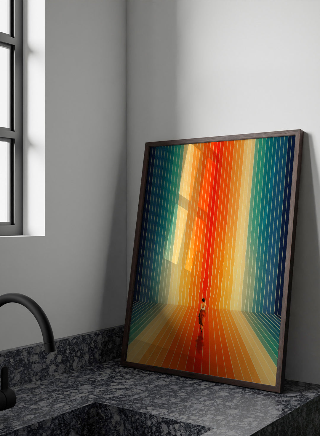 Artistic depiction of a person standing in a colorful, vertically striped space. Here I Come by Taudalpoi surreal retro sci-fi corridor art print with colorful perspective lines and lone figure, cosmic vintage style poster wall art.