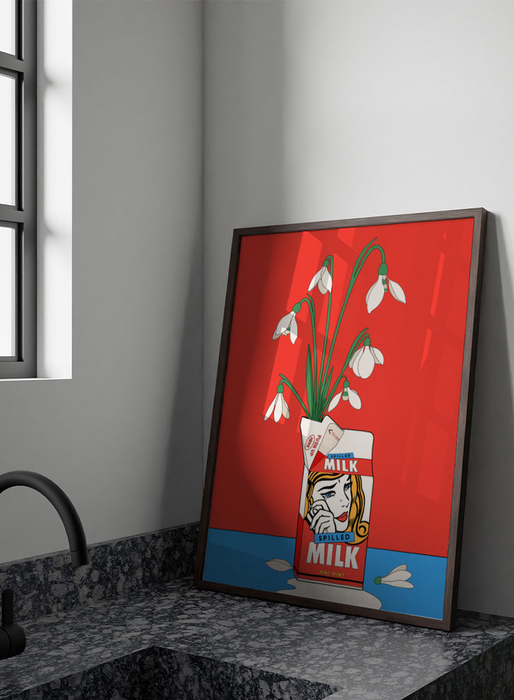 A stylized pop-art illustration of a milk carton with a woman&