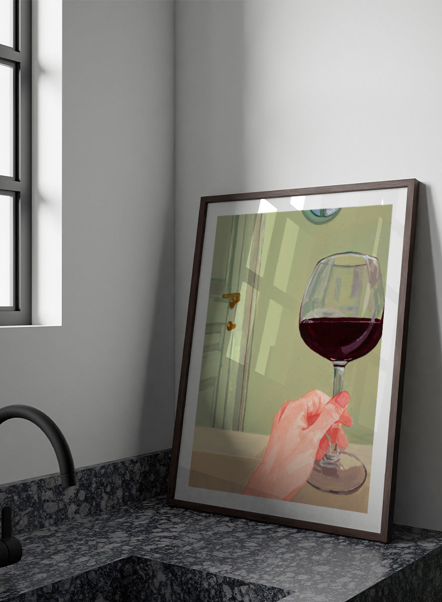 Shop Relaxing Wine Moment by Sophia Novosel, a modern wall art print poster featuring a hand holding red wine in a soft green interior with warm tones.