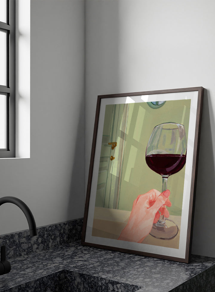 Shop Relaxing Wine Moment by Sophia Novosel, a modern wall art print poster featuring a hand holding red wine in a soft green interior with warm tones.